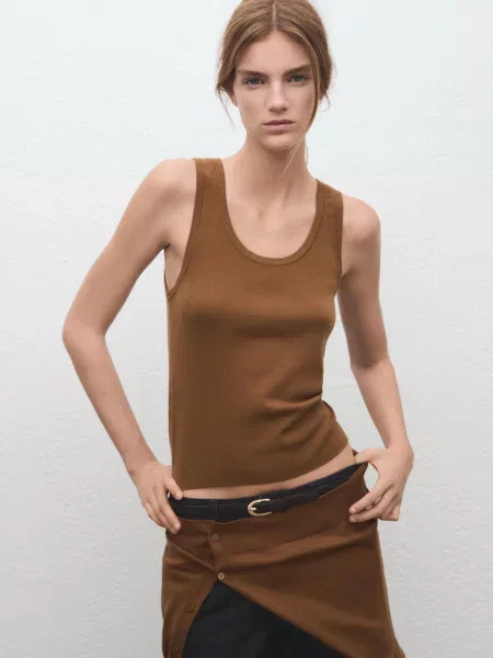 Майка MANGO світло-коричневий бавовна/вовна коричнева