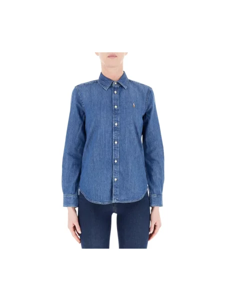 Bluzka Ralph Lauren z twillu z długim rękawem niebieska