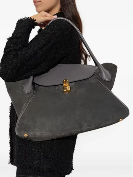 Geantă shopper Balmain din piele de căprioară gri