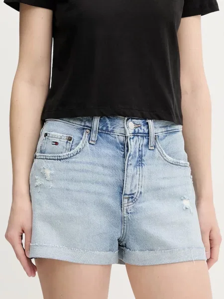 Дънков къс панталон Tommy Jeans с изчистен дизайн с висока талия синьо