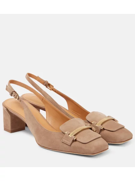 Pantofi cu toc Tod's din piele de căprioară slingback bej