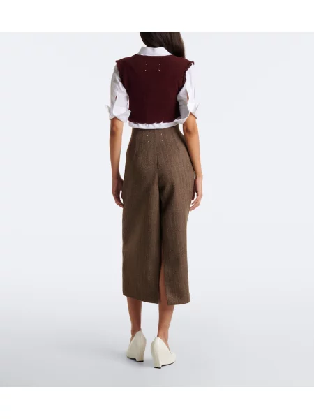 Fustă midi Maison Margiela de lână cu model herringbone bej