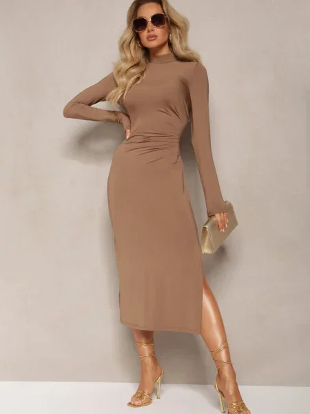 Rochie Midi cu Pliuri și Crăpătură Vangia maro