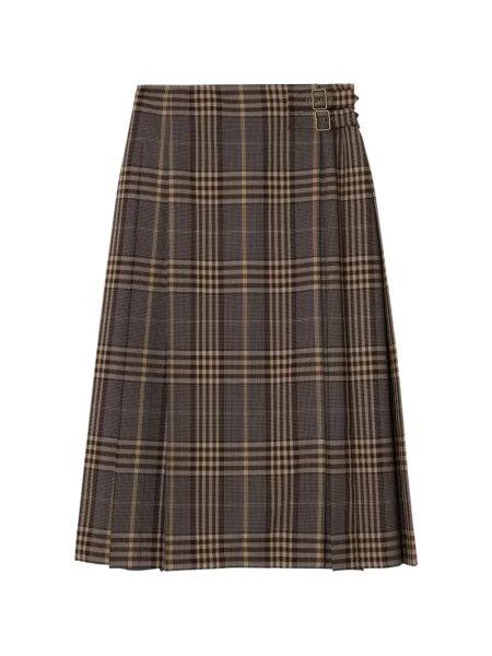 Fustă midi Burberry de lână în carouri maro
