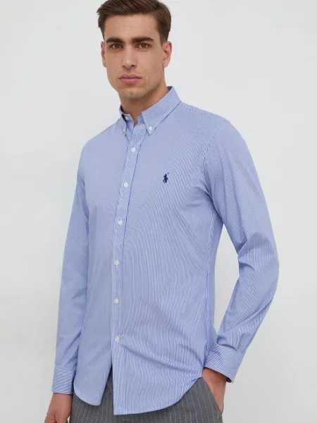 Риза Polo Ralph Lauren мъжка с кройка по тялото с яка с копче синьо