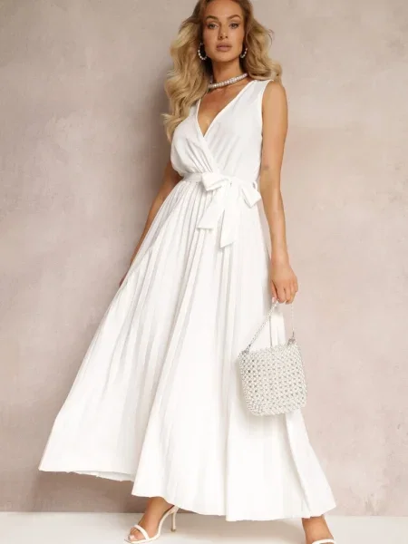 Rochie Cloș Maxi cu Pliuri și în Talie Sare albă