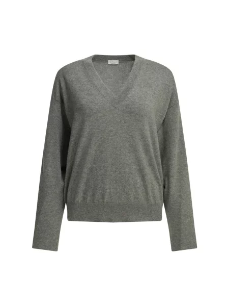 Sweter Brunello Cucinelli z dekoltem w serek szary
