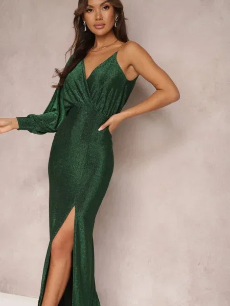 Rochie strălucitoare maxi asimetrică cu decolteu triunghiular și crăpătură Imisnna verde