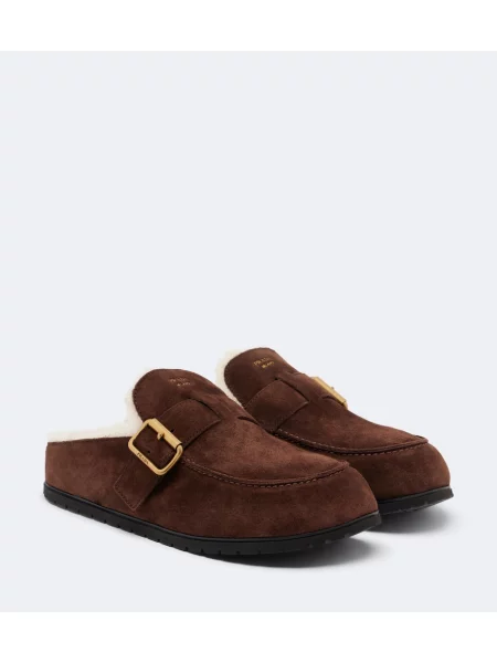 Papuci tip mules Prada din piele de căprioară maro