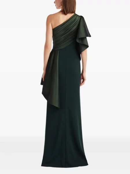 Rochie maxi Tadashi Shoji cu volane cu un umăr gol de costum verde