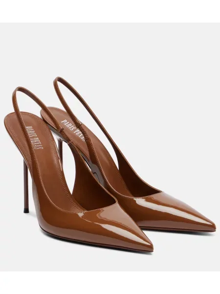 Pantofi cu toc Paris Texas din piele de lac slingback maro