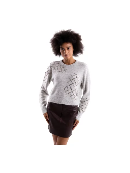 Sweter Pinko wełniany z okrągłym dekoltem szary