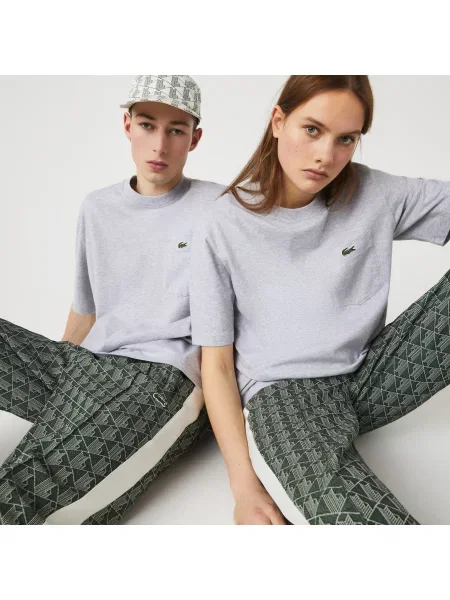 Lacoste L!Ve T-Shirt Unisex Z Nadrukiem I Okrągłym Dekoltem Relaxed Fit szary