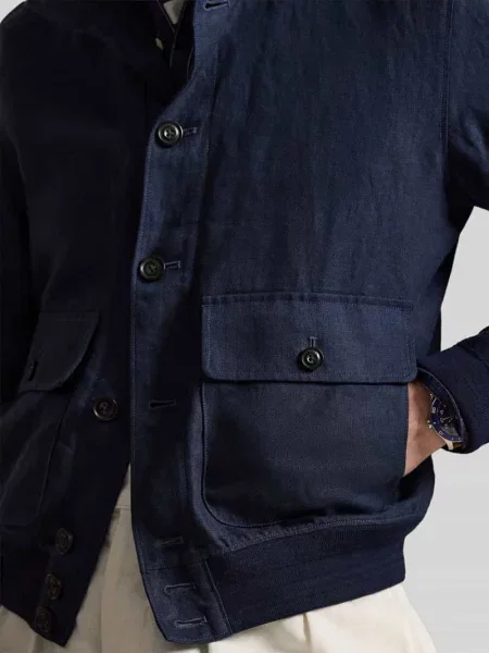 Lniana kurtka Polo Ralph Lauren z naszywanymi kieszeniami niebieska