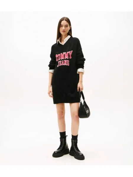 Tommy Jeans Rochie VARSITY cu adaos de lână negru