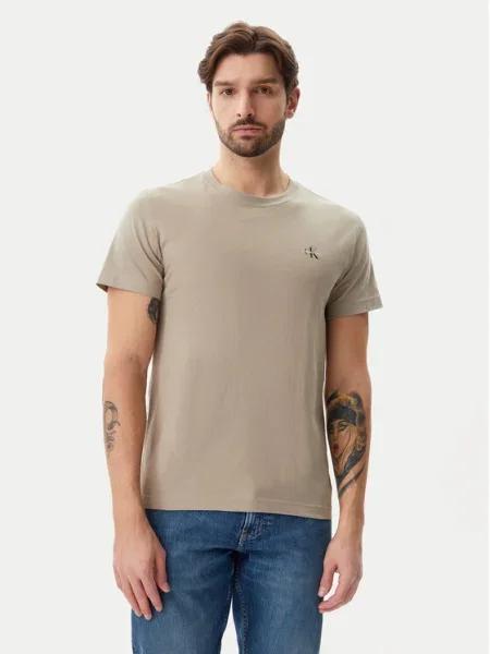 Тениска Calvin Klein Jeans 2 броя зелено с изчистен дизайн бежово