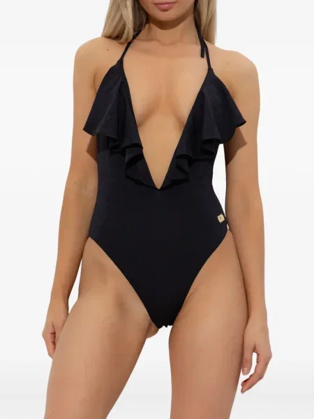 Costum de baie Balmain cu volane cu gât halter negru