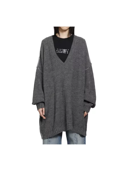 Sweter Mm6 Maison Margiela z dekoltem w serek szary