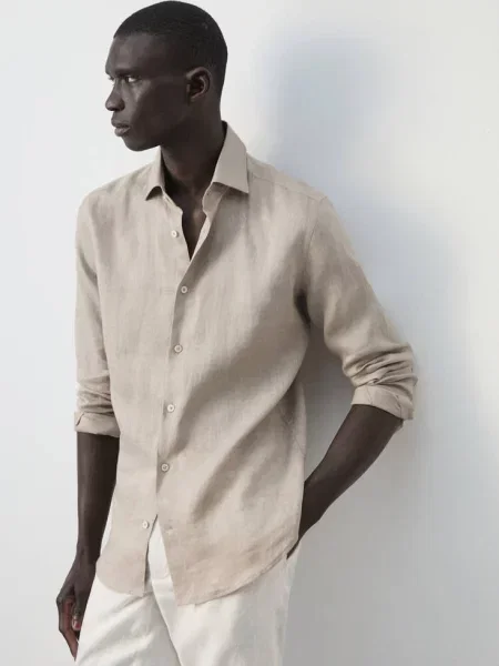 Koszula slim fit z lnu piaskowy Mężczyzna XS MANGO MAN