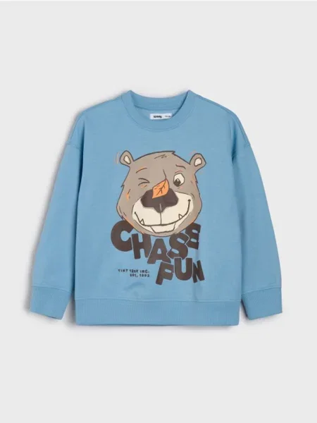 Sinsay Crewneck mikina s potiskem medvěda z fleecu světle modrá