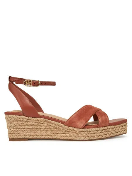Кожени сандали Tommy Hilfiger LEATHER & SUEDE MID WEDGE ESPAD кафяво