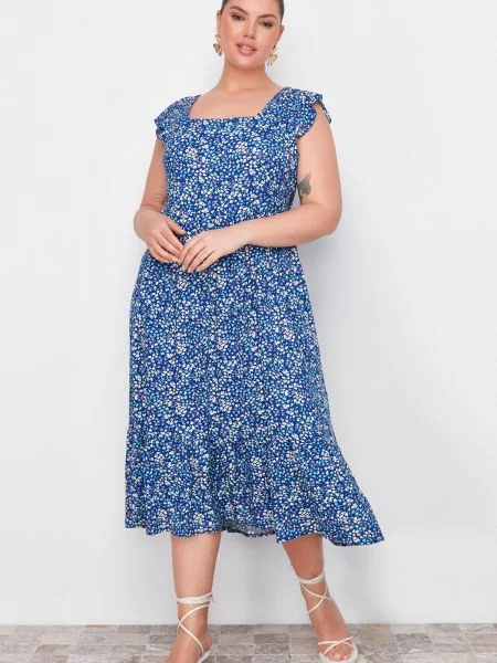 Sukienka midi Trendyol w kwiatki z falbankami w kształcie litery A niebieska