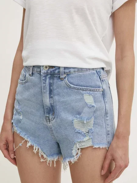 Дънков къс панталон Answear Lab с изчистен дизайн с висока талия синьо