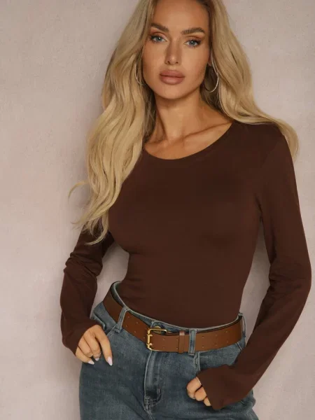 Bluzka Typu Longsleeve z Okrągłym Dekoltem Tiathaliea brązowa