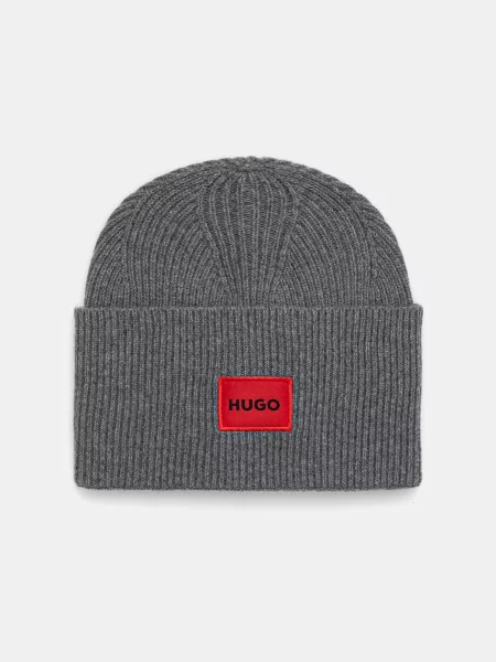 Вълнена шапка HUGO с фина плетка от вълна черно