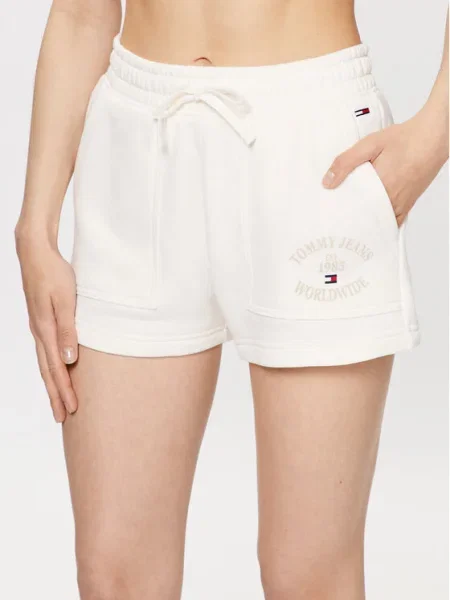 Къс панталон Tommy Jeans с принт с висока талия бежово