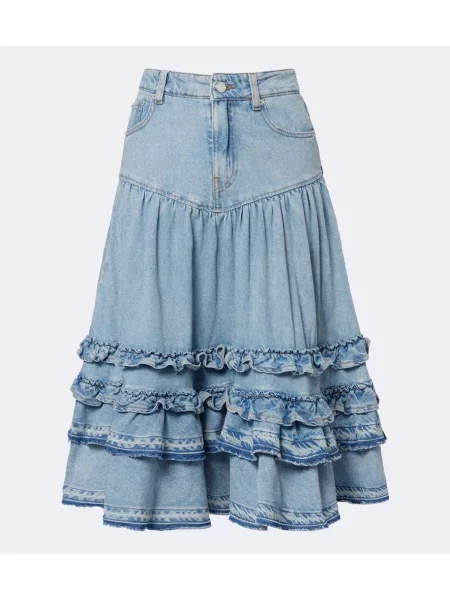 Fustă din denim Ganni cu volane albastru