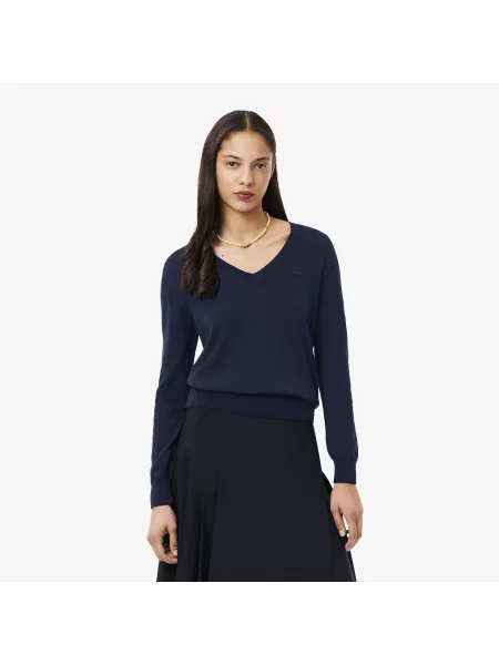 Lacoste Sweter Bezszwowy Z Dekoltem W Szpic granatowy