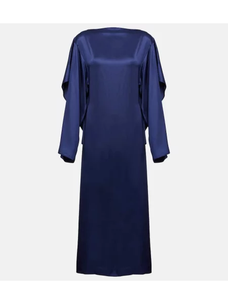 Satynowa sukienka midi Mm6 Maison Margiela drapowana do kolan niebieska