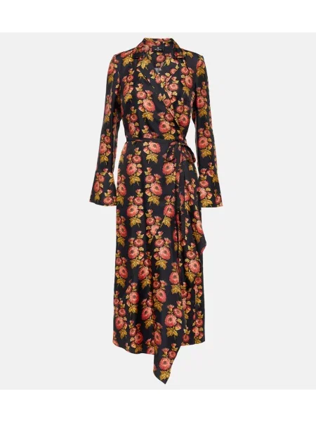 Svilena midi obleka Etro s cvetličnim vzorcem na preklop