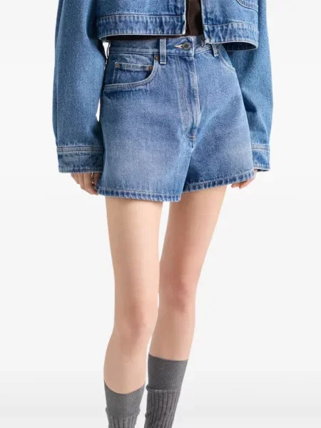 Pantaloni scurți din denim Prada cu talie înaltă albastru