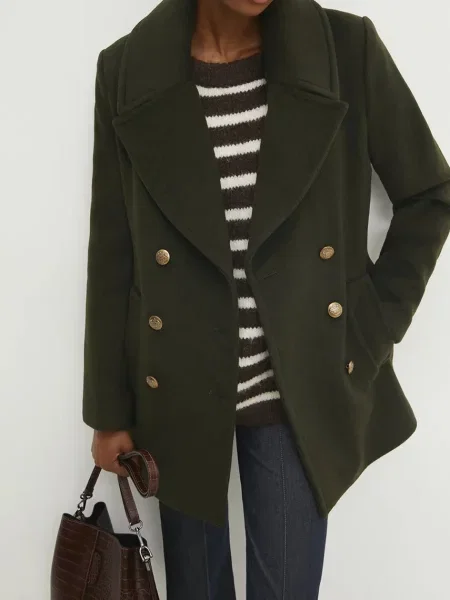 Вълнено палто Answear Lab преходен модел с двуредно закопчаване зелено