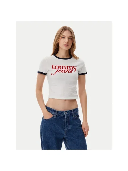 Tommy Jeans Póló Script Ringer Ekru Slim Fit