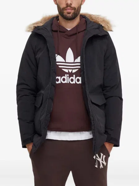 Geacă cu puf Adidas cu glugă cu dungi albastru