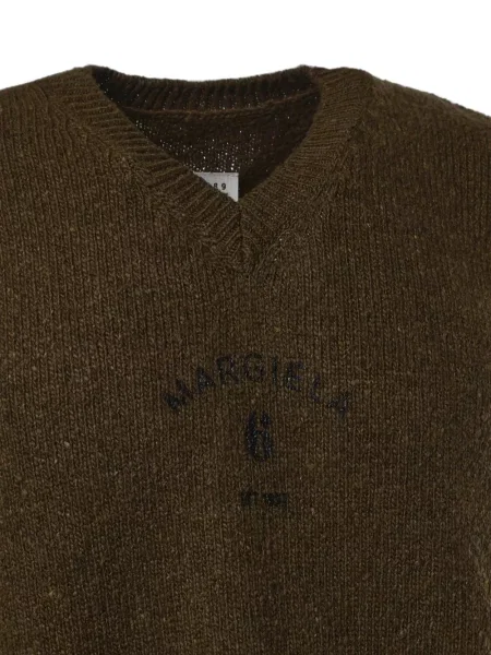 Пуловер Mm6 Maison Margiela с протрити краища с V-образно деколте зелено