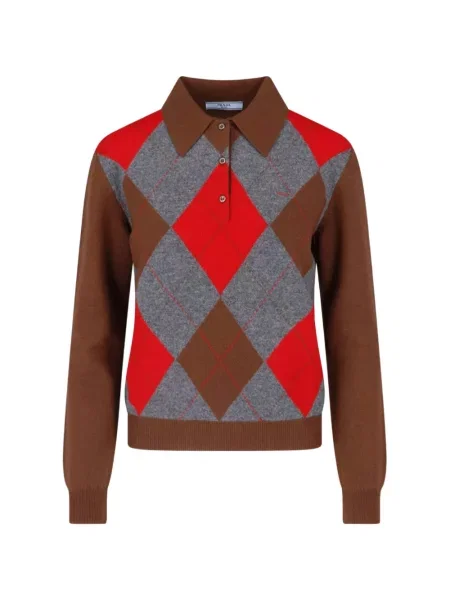 Tricou polo Prada din cașmir cu model argyle maro