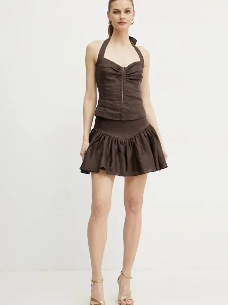 Bardot spódnica lniana AMORETTE mini rozkloszowana brązowy