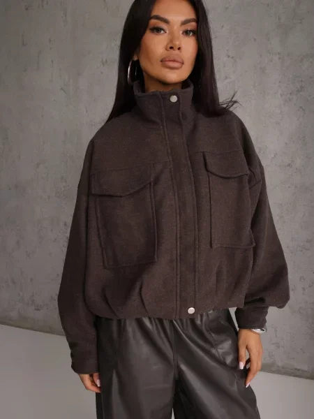 Kurtka Przejściowa Bomber Jacket ze Stójką z Tkaniny Flauszowej z Wiskozą Havenitta brązowa