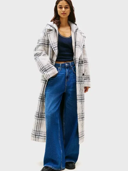 Шерстяное клетчатое пальто Tommy Jeans серое