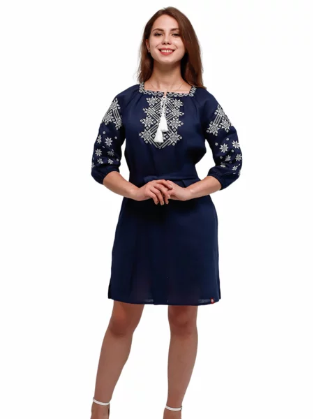 Лляна Вишита сукня Folk Moda темно-синій синя