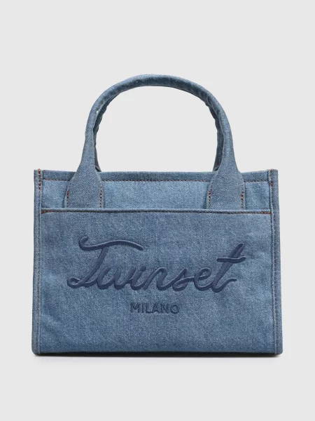 Джинсова сумка-тоут з вишивкою логотипа Twinset синя