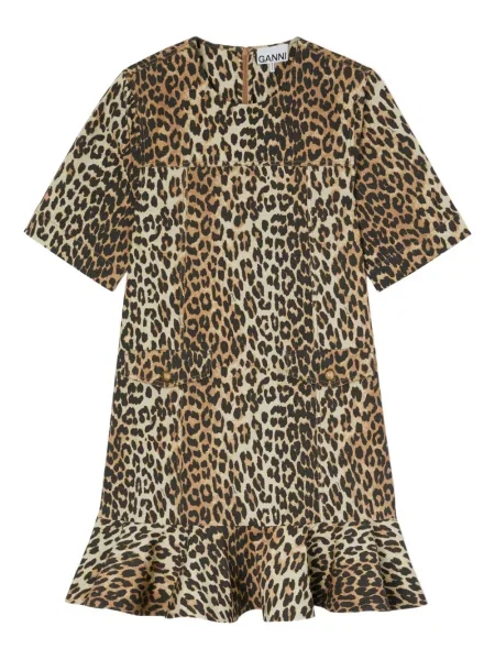 Rochie Ganni cu model leopard cu volane de costum maro
