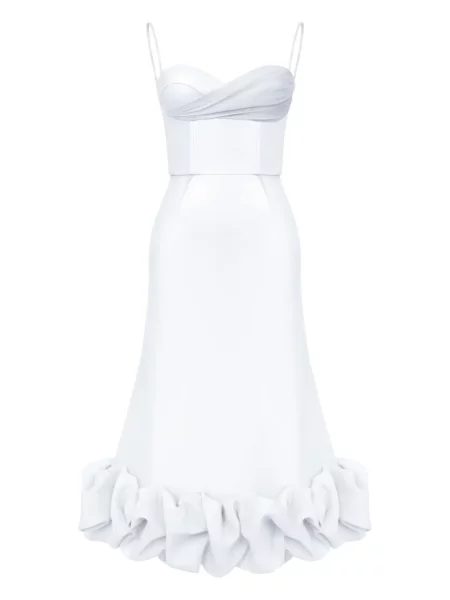 Rochie Post Meridiem cu volane drapată de costum alb