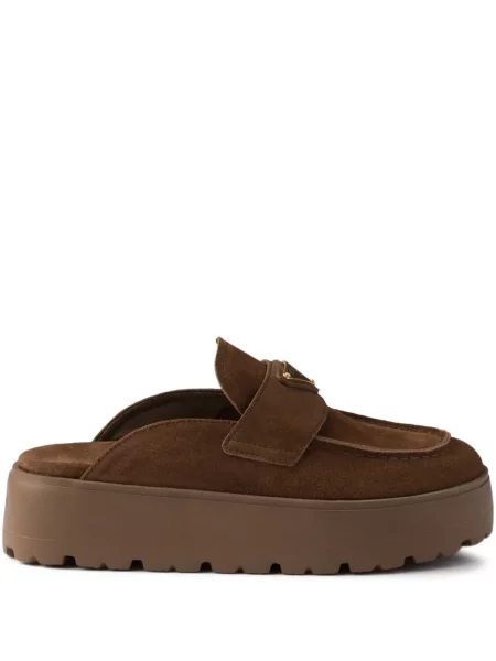 Papuci tip mules Prada din piele de căprioară cu platformă maro