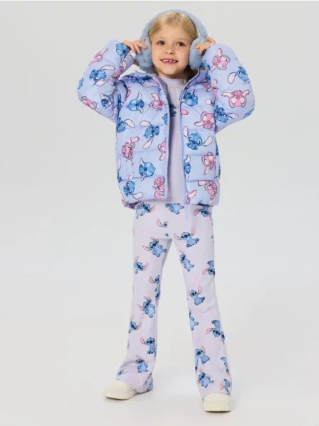 Sinsay Prošívaná puffer bunda s kapucí Lilo & Stitch modrá