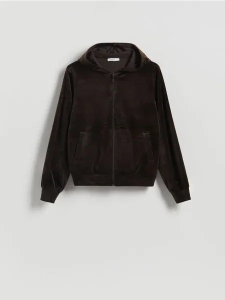 Reserved Welurowa bluza z kapturem ciemnobrązowy